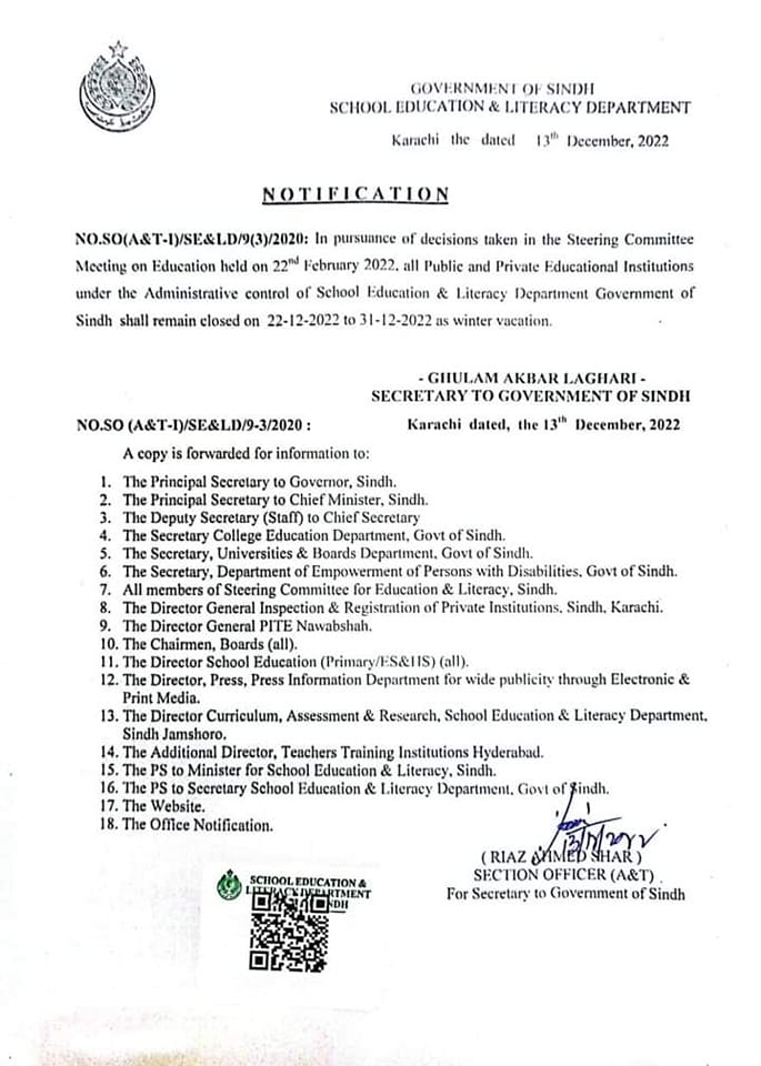 Notification of Winter Holidays 2022 Sindh Education Department