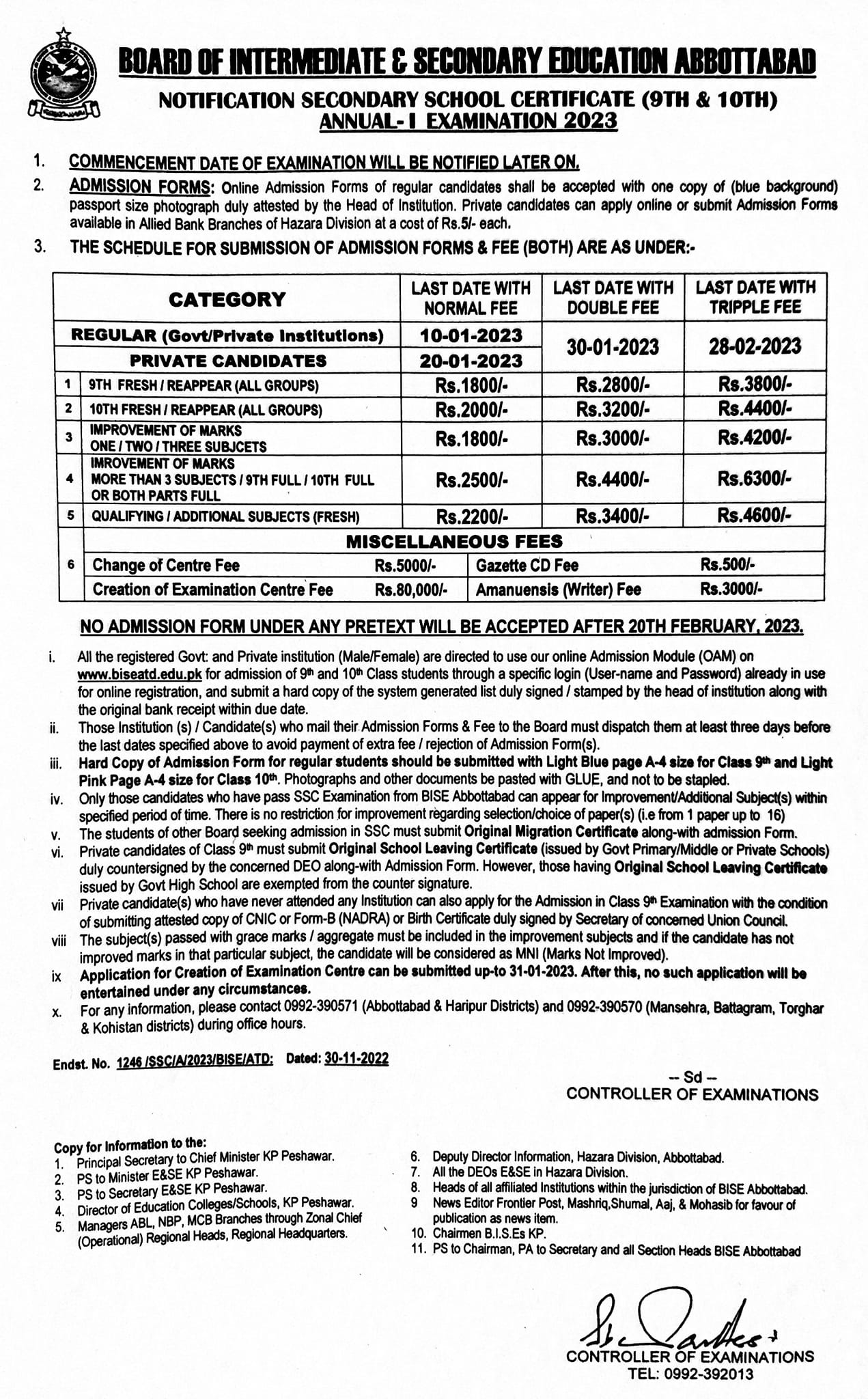 Schedule of Admission Forms 9th and 10th and Fee 2023 Exams Abbottabad Board