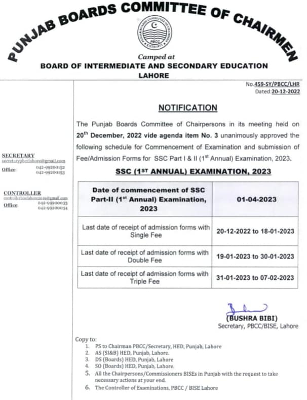 Schedule of Admission Forms Submission SSC and HSSC Annual Exams 2022 All Punjab Matric