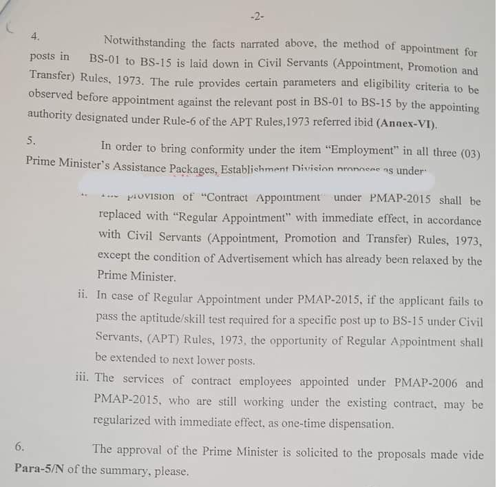 Summary Provision of Regular Appointment under PM Assistance Package