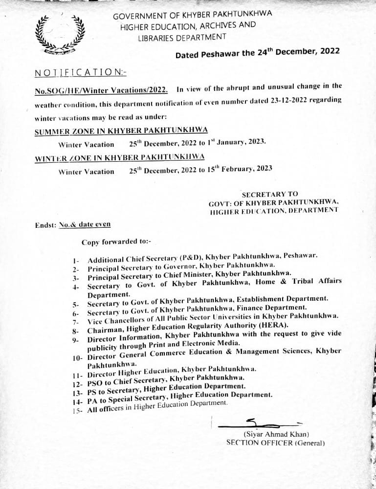 Winter Holidays 2022-23 Higher Education Department KPK