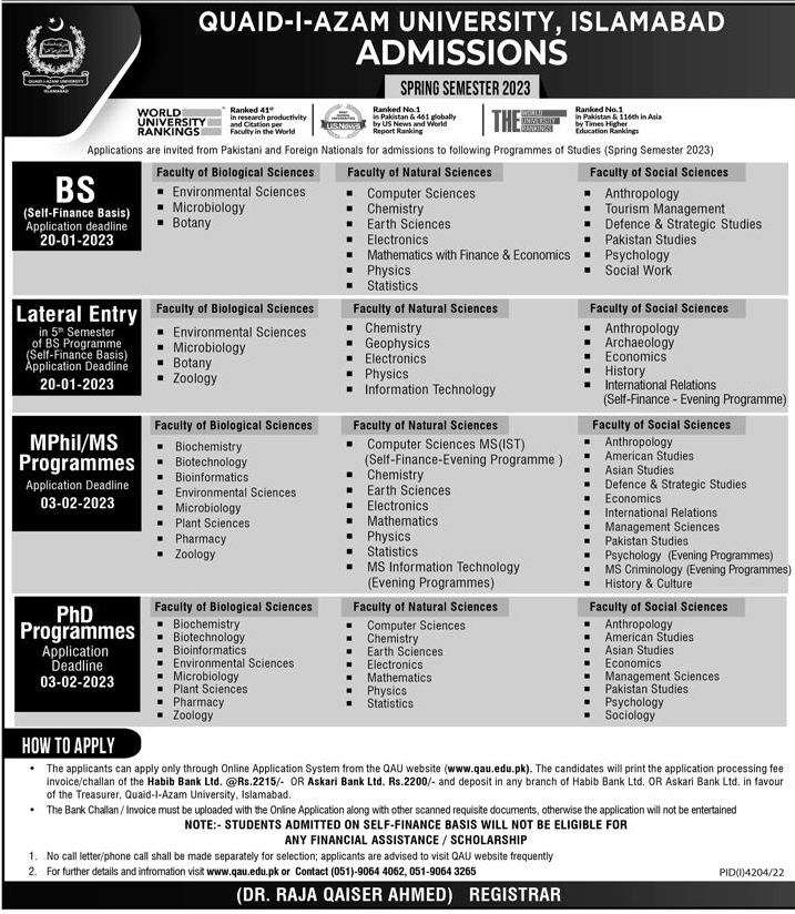 Admissions Spring Semester 2023 Quaid-e-Azam University Islamabad