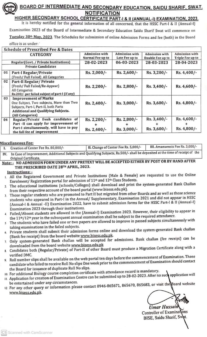 BISE, Saidu Sharif Sawat Fee Structure for HSSC 2023 Exams