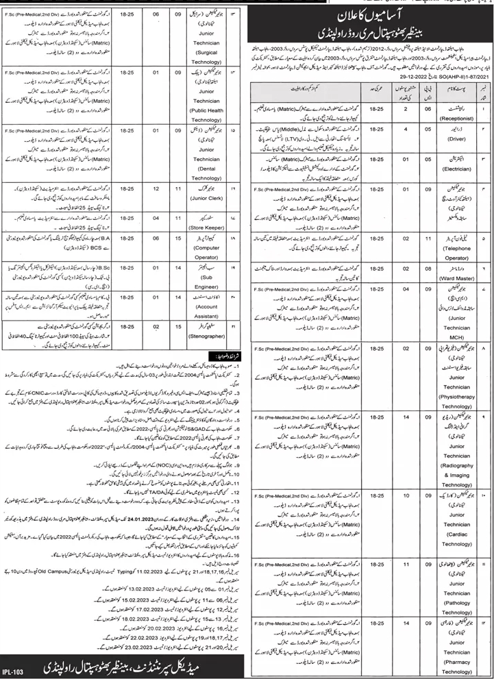 Benazir Bhutto Hospital Vacancies 2023 BPS-05 to BPS-15