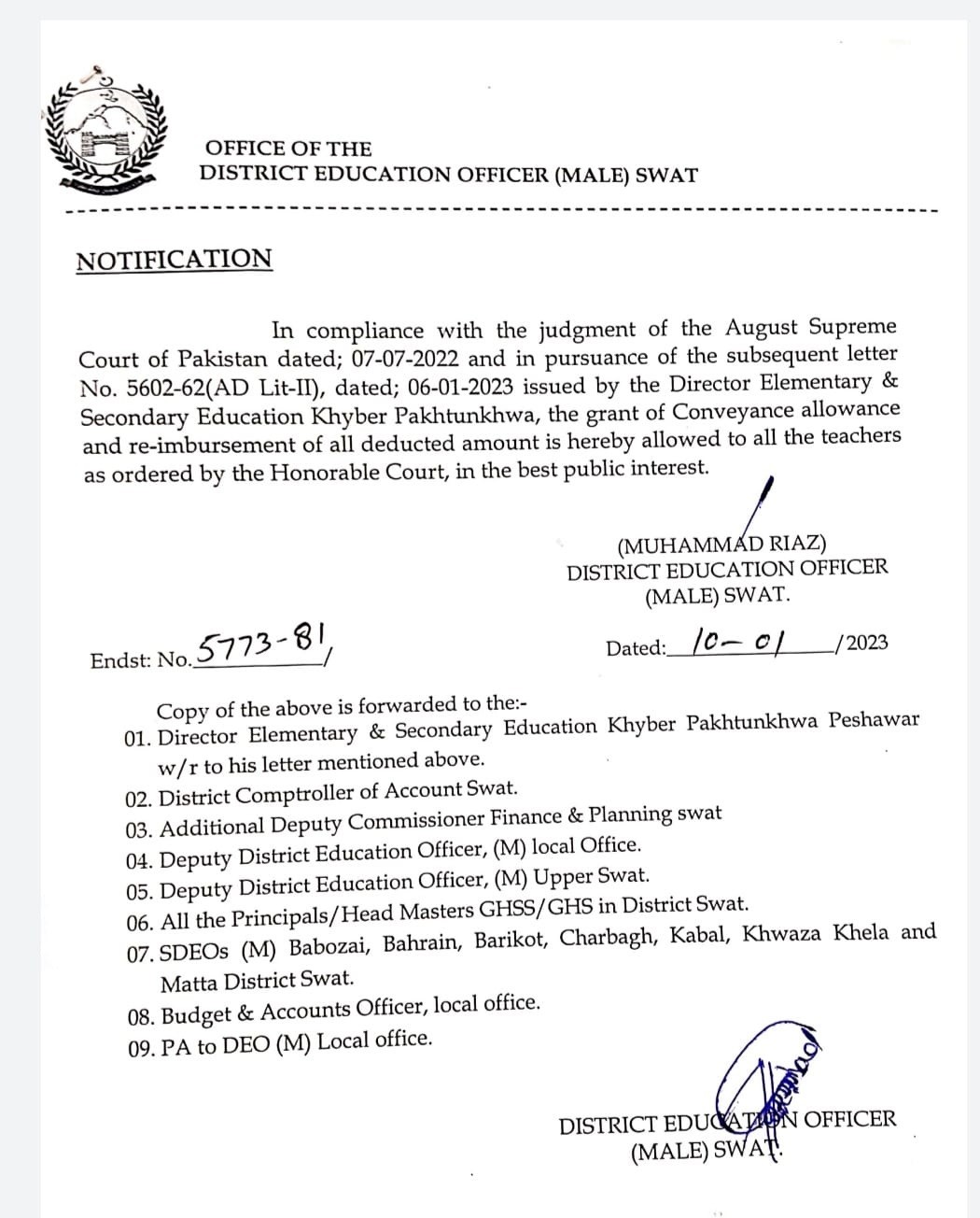 CA Orders by DEO (Male) Swat