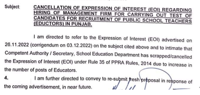 Cancellation of Expression of Interest Hiring Firms for Educators Recruitment in Punjab