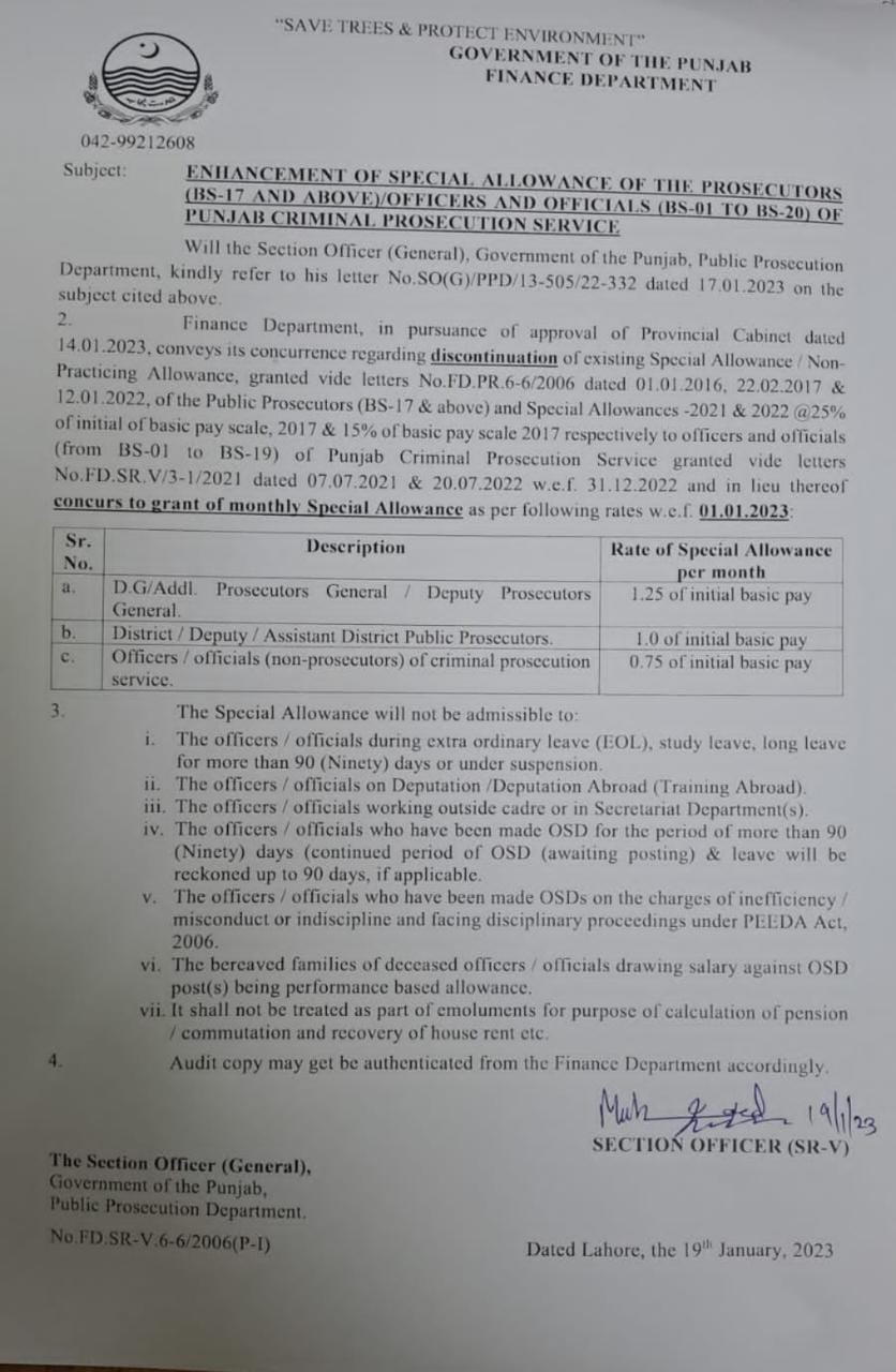 Increase Special Allowance BPS-01 to BPS-20 @ 1.25 of Initial Basic Pay