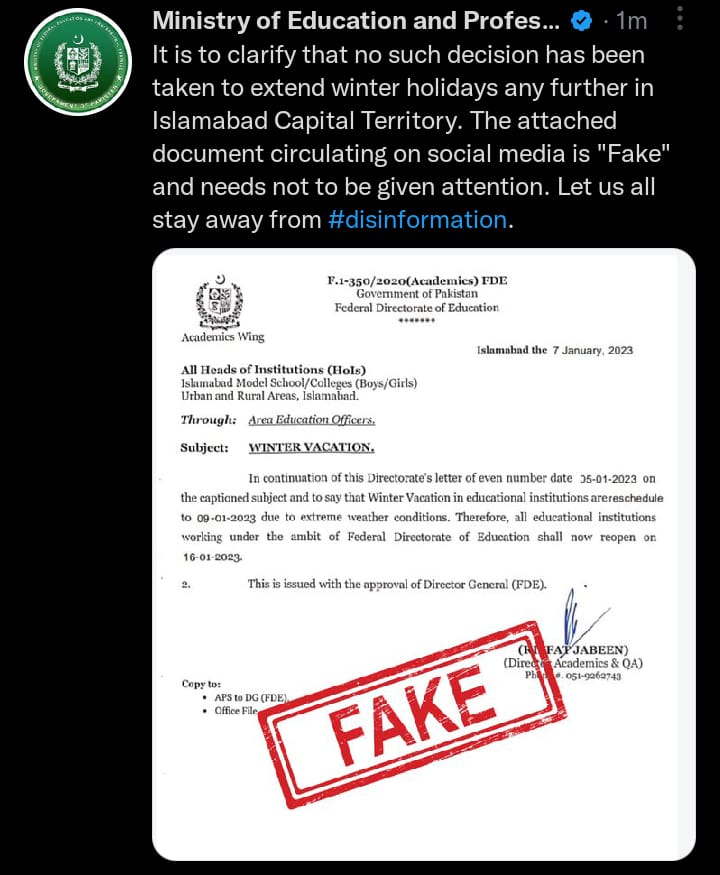 Fake Notification of Extension Winter Vacations Federal Educational Institutions Islamabad
