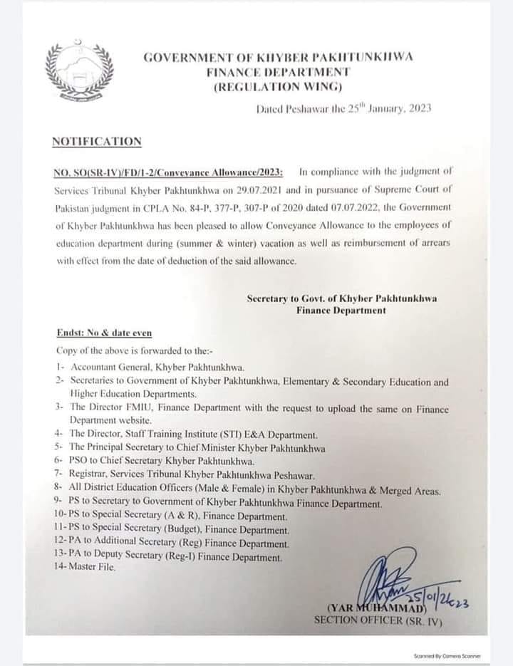 Finance Department KPK Notification Conveyance Allowance during Vacation