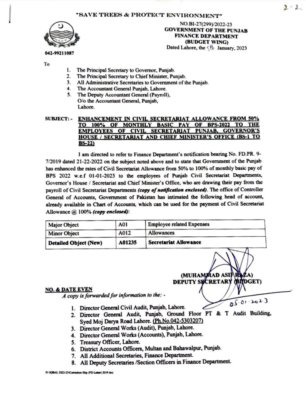 Increase Civil Secretariat Allowance @ 100% of Running Basic Pay 2022 BPS