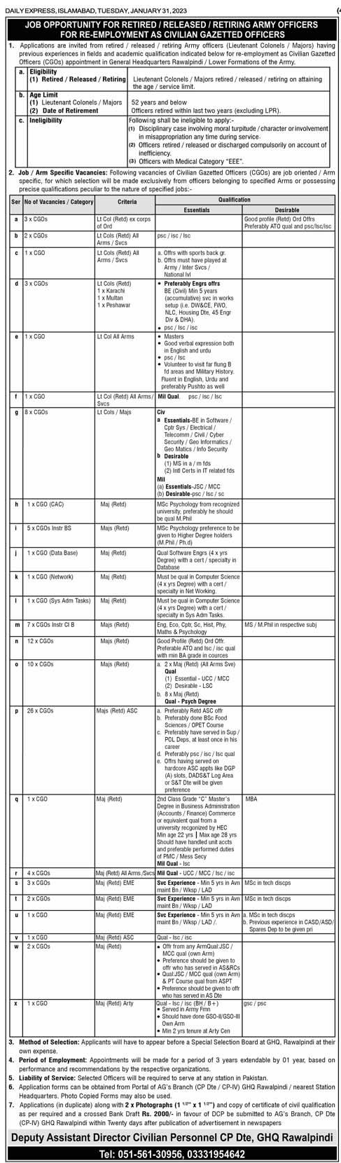 JOB OPPORTUNITIES FOR RETIRED RELEASED RETIRING ARMY OFFICER FOR PRE-EMPLOYMENT AS CIVIL GAZETTED OFFICER