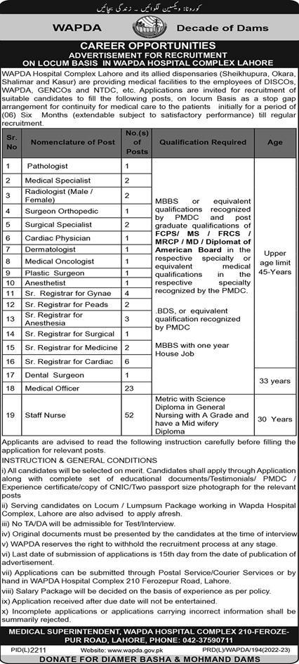Job Vacancies in WAPDA Hospital Complex Lahore