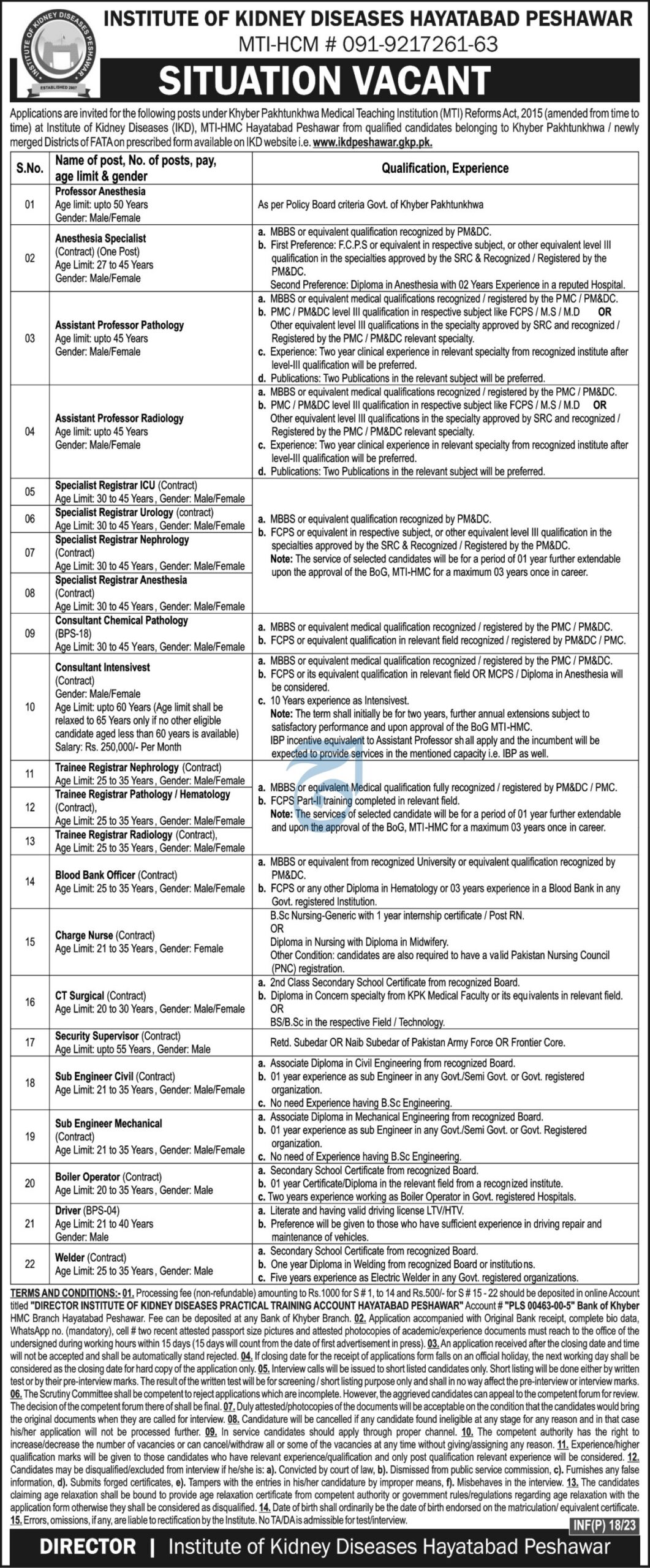 Latest Vacancies in Institute of Kidney Diseases Hayatabad Peshawar