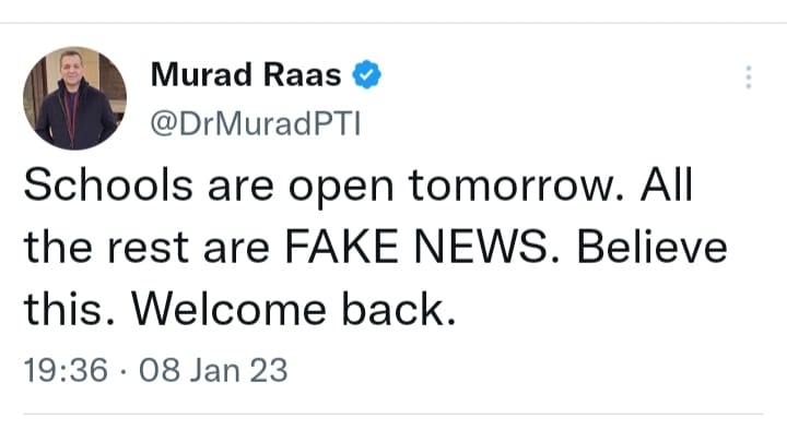 Muraad Raas Tweet Regarding Opening Schools on 09-01-2023