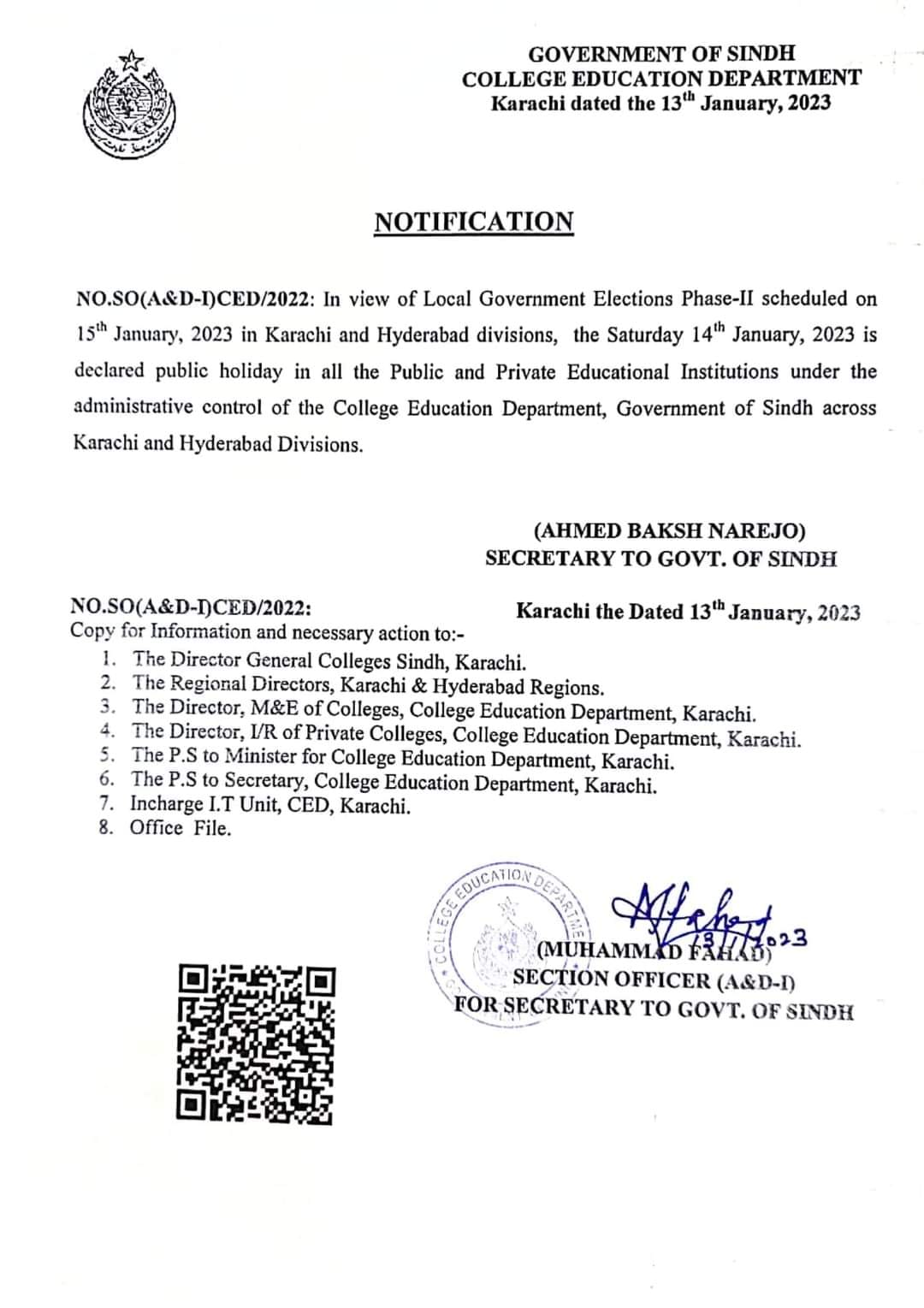 Notification Local Holiday on 14th January 2023 in Karachi and Hyderabad