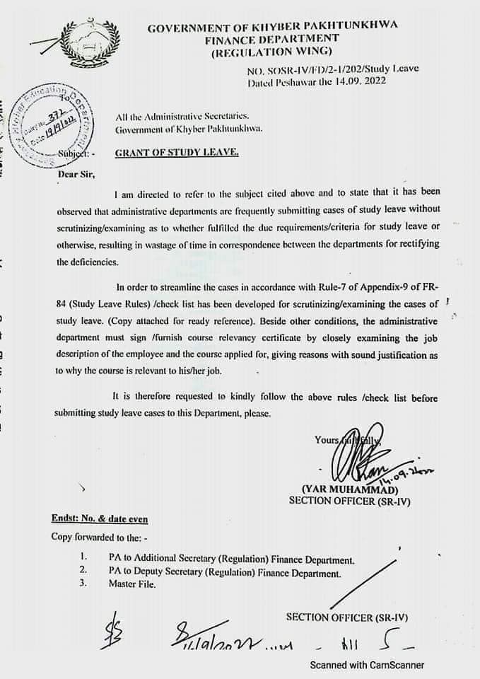 Notification of Grant of Study Leave KPK and Documents Required