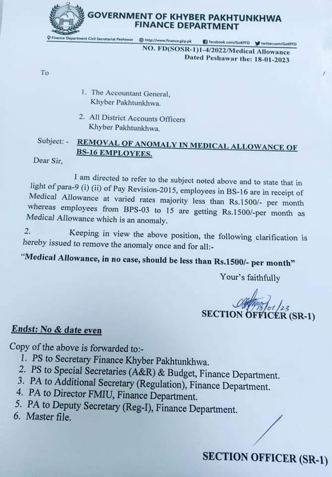 Notification of Rate of Minimum Medical Allowance Rs. 1500/- for BPS-16 Employees KPK