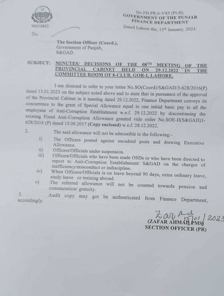 Notification of Special Allowance Equal to One Initial Basic Pay wef 28-12-2022 to Anti-Corruption Establishment