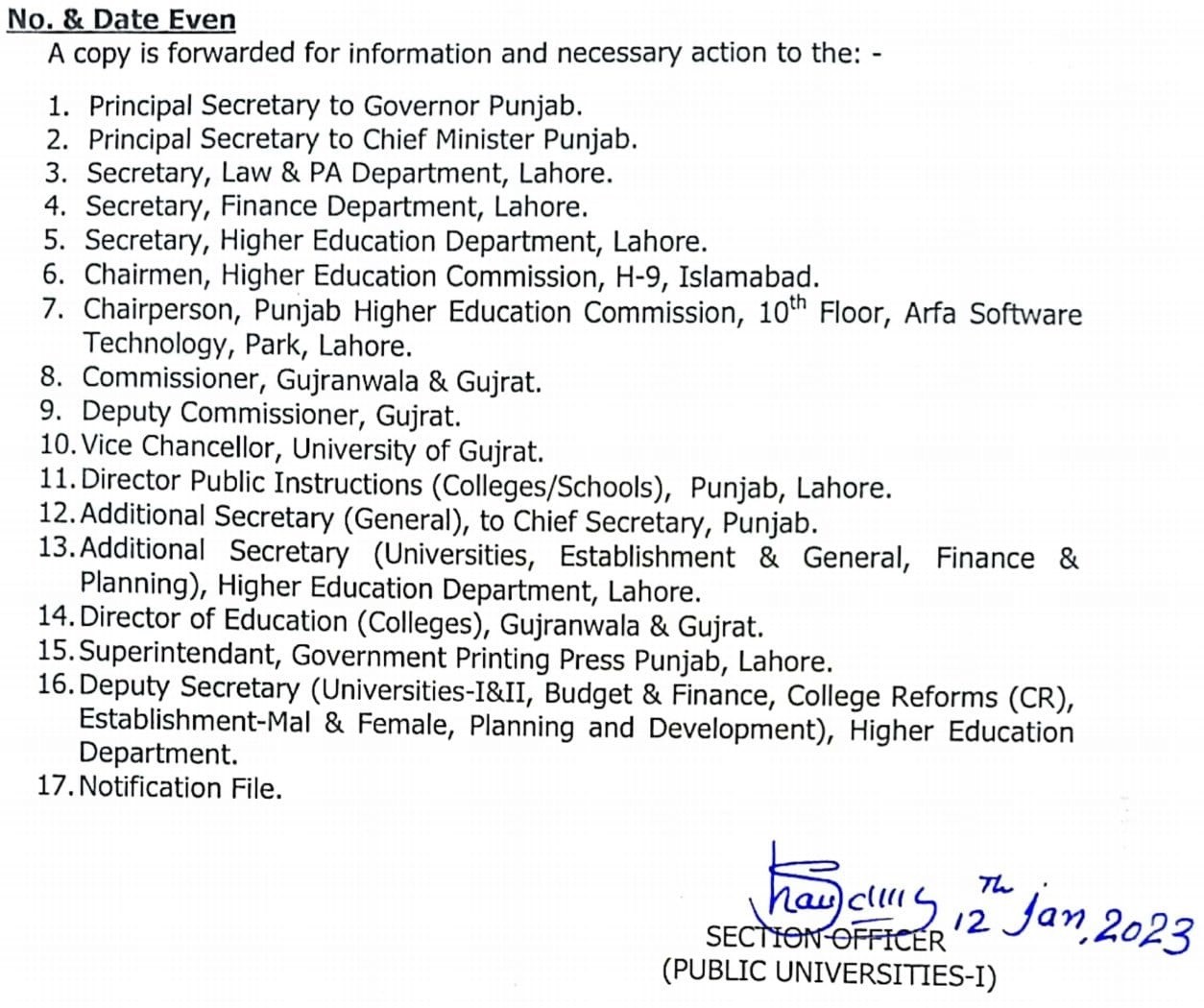 Notification of University of Gujrat 2023 in Punjab