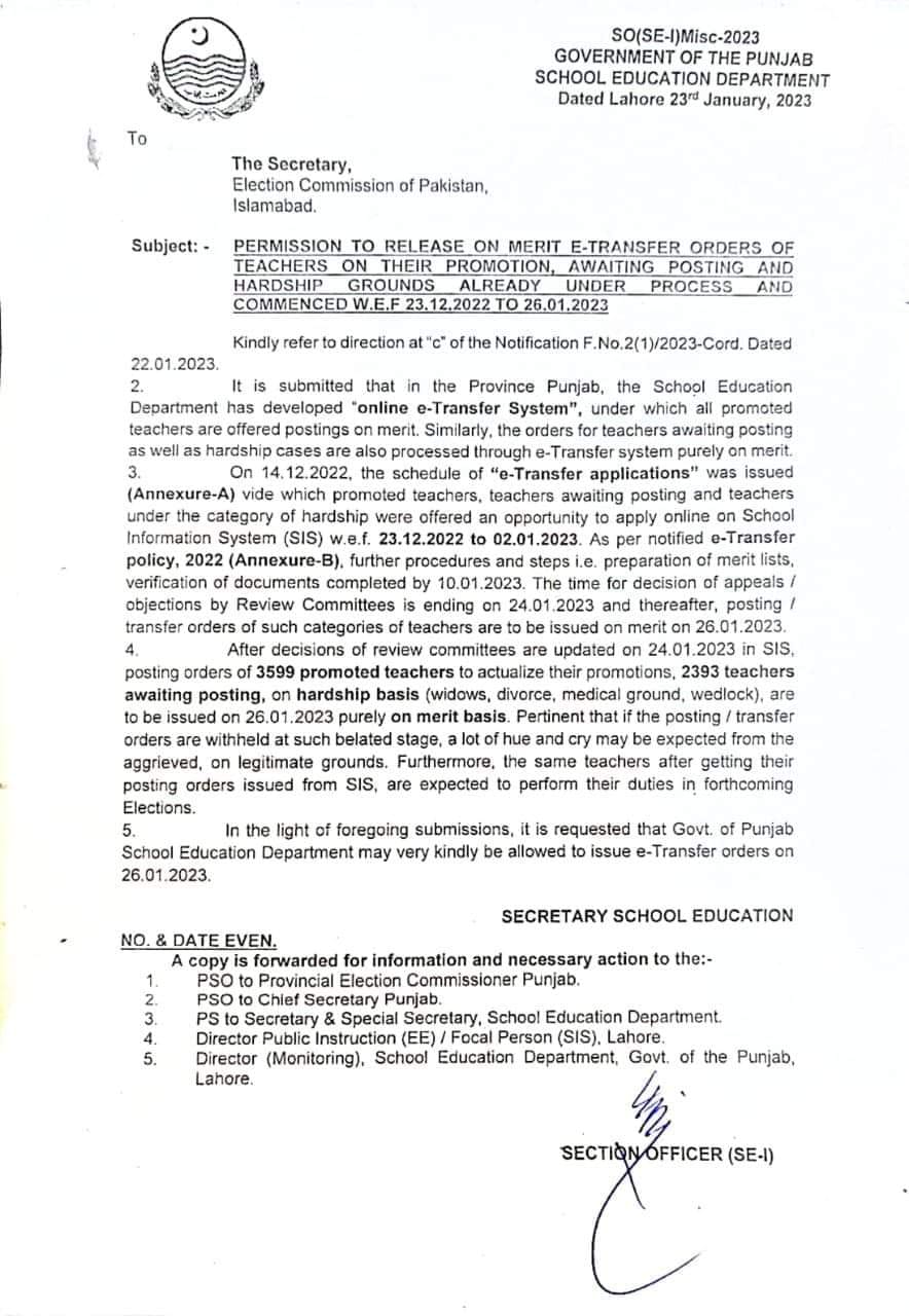 Permission to Release on Merit E-Transfer Orders of Teachers