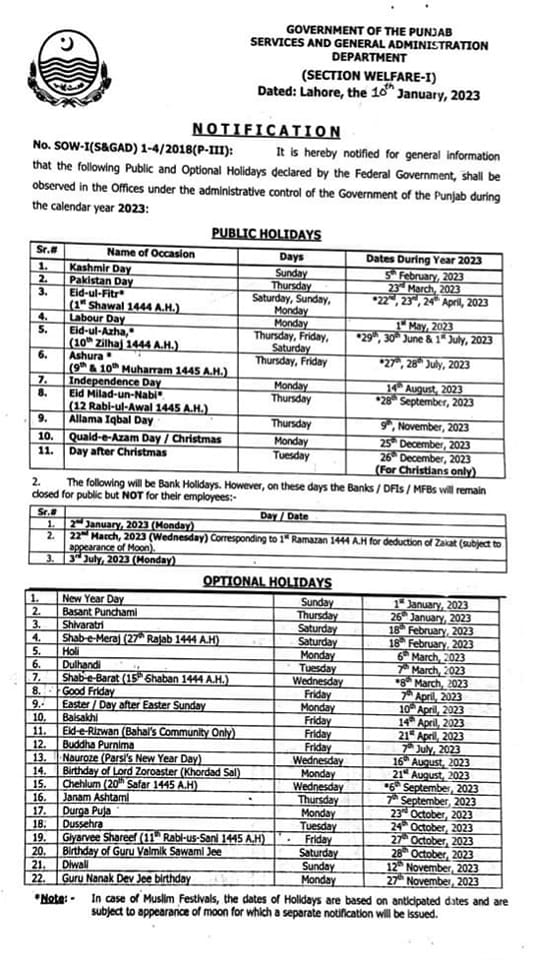 Public Holidays 2023 Punjab including Optional Holidays