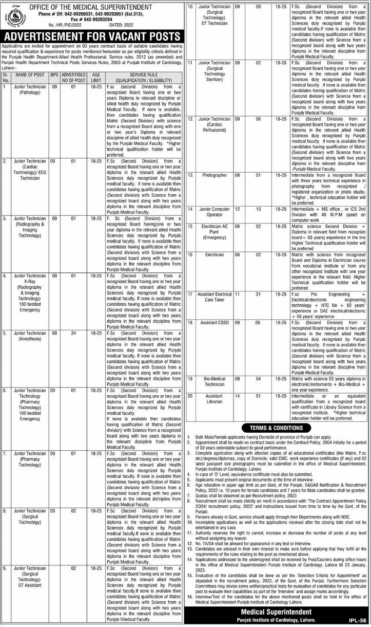 Punjab Institute of Cardiology (PIC) Lahore Vacancies 2023