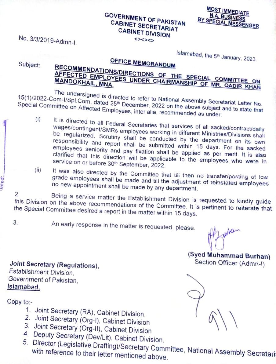 Recommendation of Special Committee Regarding Regularization of Contract Daily Wages Employees