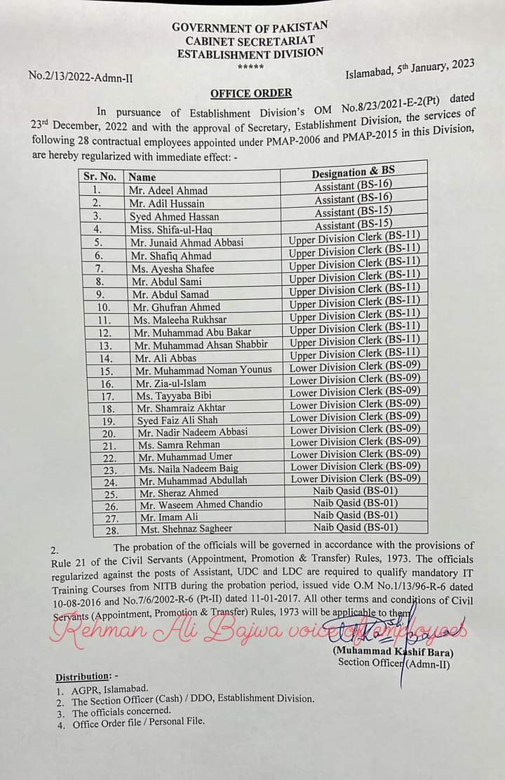Regularization of Employees Appointed under PMAP-2006 & PMAP-2015