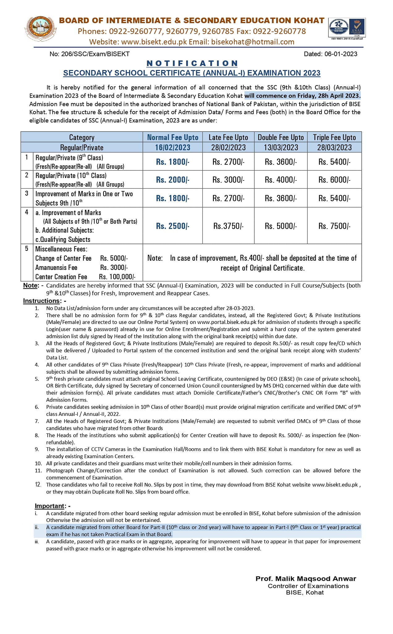 Schedule of SSC 1st Annual Exams 223 BISE Kohat