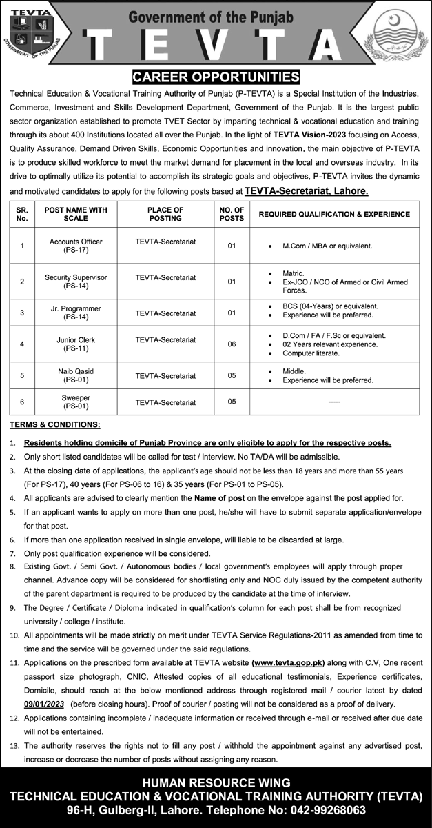 TEVTA Punjab Vacancies 2023 BPS-01 to BPS-17