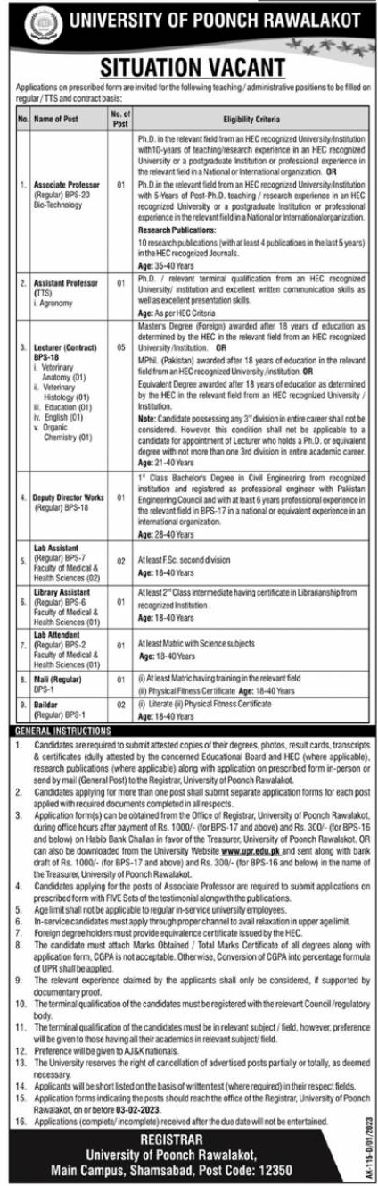 Teaching and Non-Teaching Vacancies in University of Poonch Rawalakot