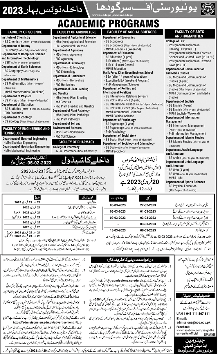 Admissions Semester Spring 2023 University of Sargodha