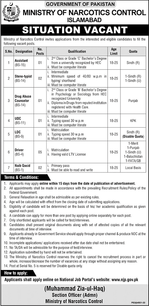 BPS-01 to BPS-15 Vacancies in Ministry of Narcotics Control Islamabad 2023