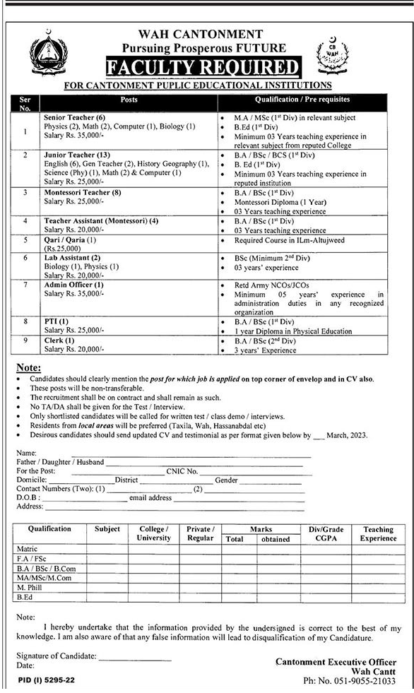 Cantonment Public Educational Institutions Vacancies 2023