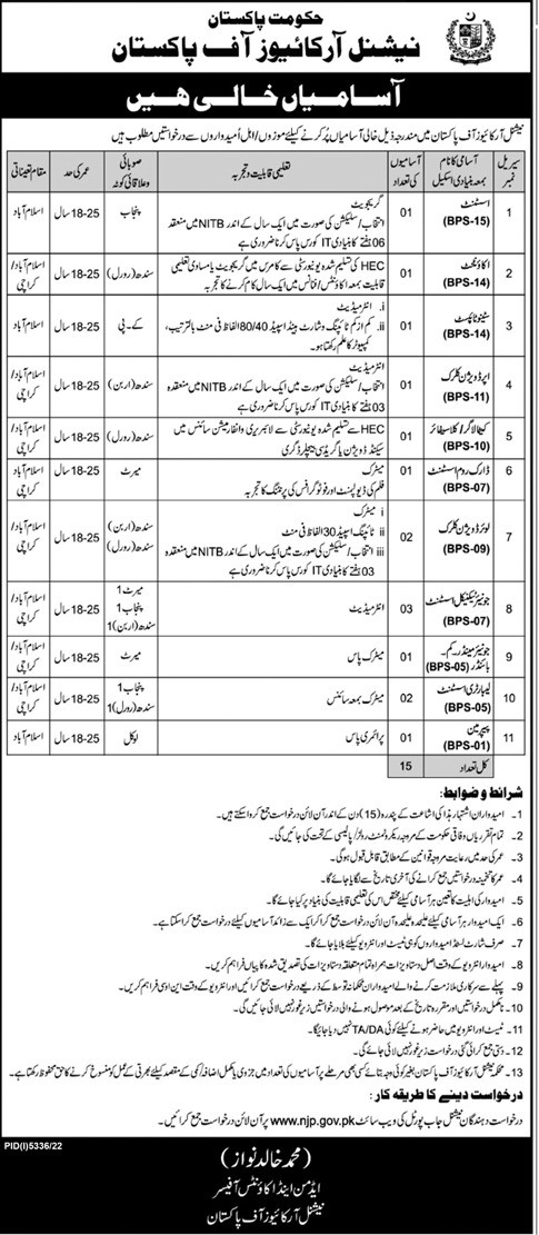 Federal Govt BPS-01 to BPS-15 Vacancies in National Archives of Pakistan