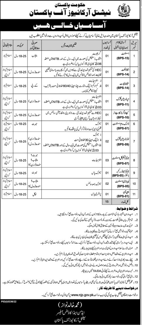 Federal Govt BPS-01 to BPS-15 Vacancies in National Archives of Pakistan