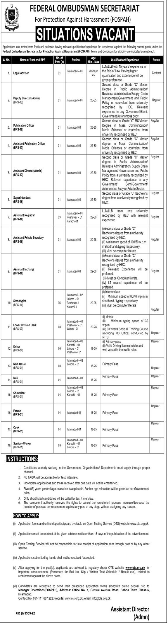 Latest Jobs in Pakistan 2023 – Federal Ombudsman Secretariat Jobs 2023 via OTS