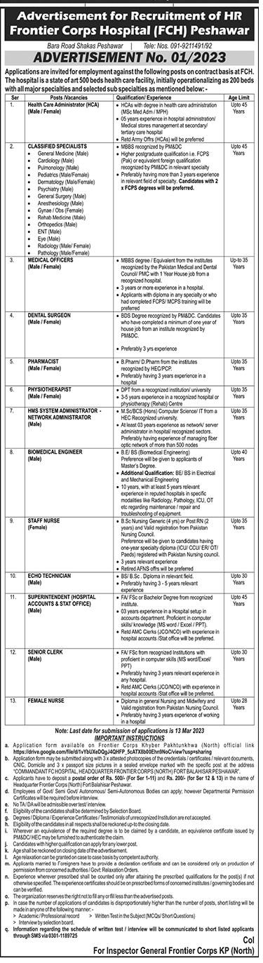 Frontier Corps Hospital FCH Peshawar Vacancies 2023