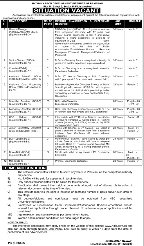 Hydrocarbon Development Institute of Pakistan Vacancies 2023