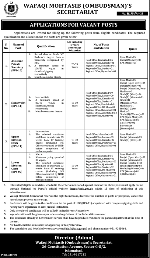 Jobs Opportunity in Wafaqi Mohtasib's Secretariat