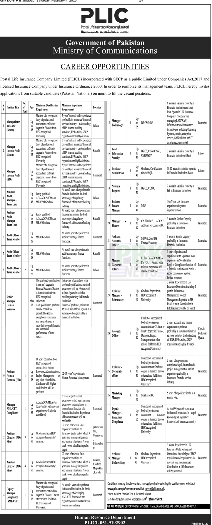 Postal Life Insurance Limited Vacancies New Government Vacancies in Ministry of Communication February 2023