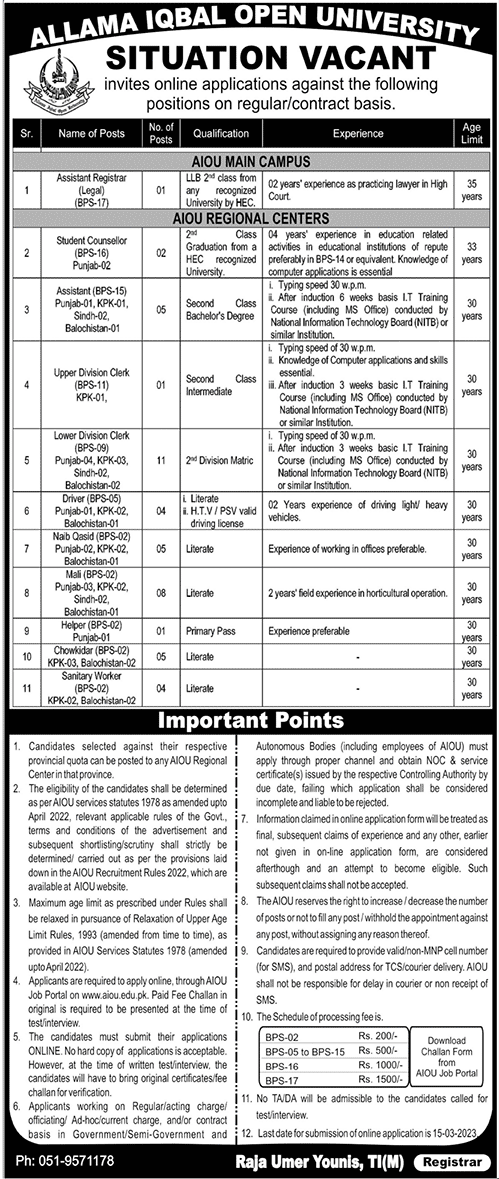 Non-Teaching Vacancies 2023 in Allama Iqbal Open University Islamabad