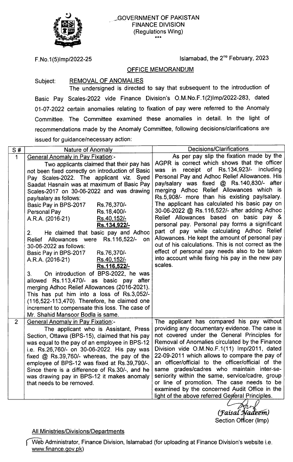 Removal of Anomaly in Fixation of Pay 2022 Basic Pay Scales