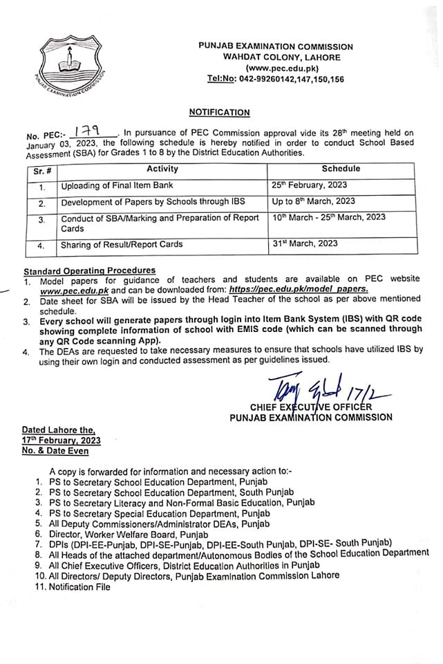 Schedule for School Based Assessment SBA Class 1st to 8th 2023