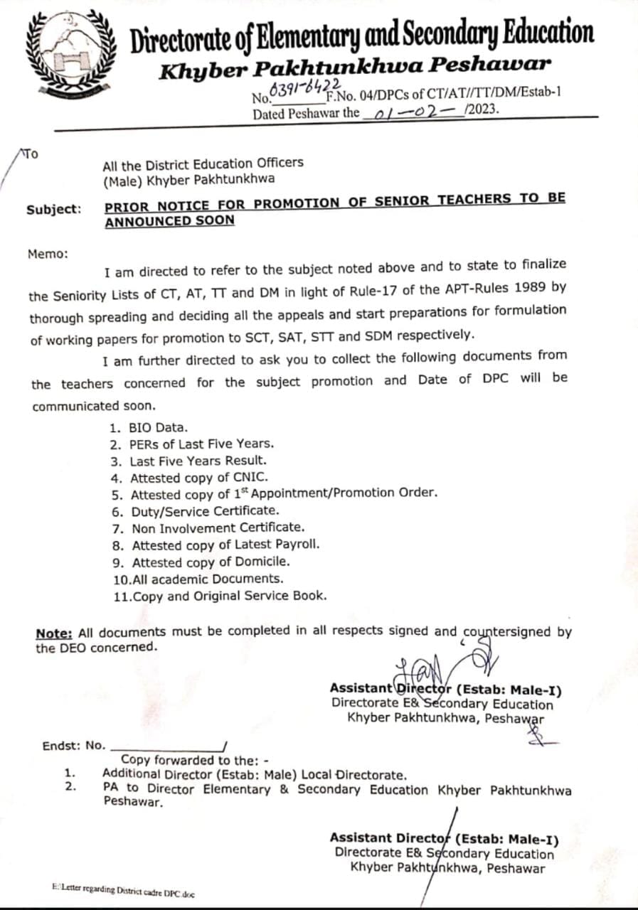 Updates of Promotion Senior Teachers KPK