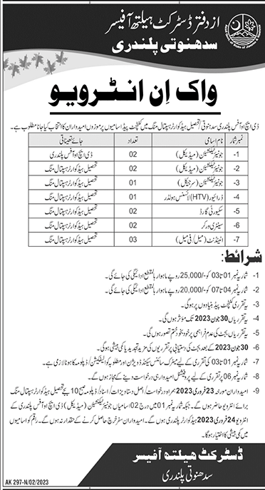 Vacancies in District Health Office / Tehsil Headquarter Hospital Sudhnoti Palandri