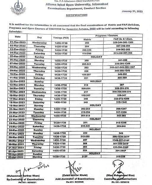 AIOU Date Sheet for Final Examination of Matric Semester Autumn 2022
