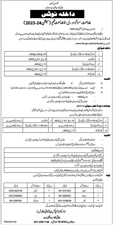 Federal Directorate of Education Admission Class Montessori to Class 9th (2023-24)