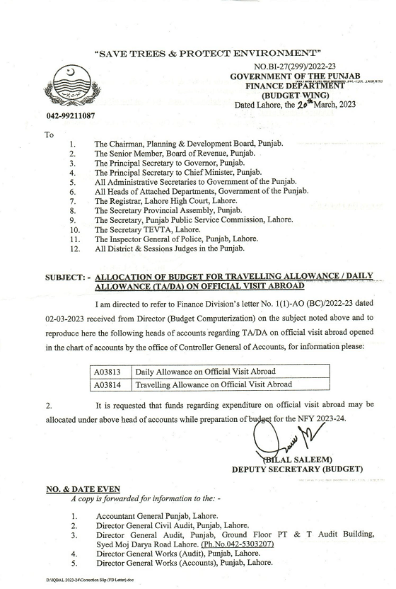 Allocation of Budget for Travelling Allowance and Daily Allowance