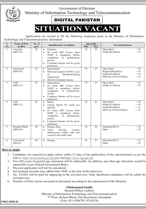 BPS-01 to BPS-15 Vacancies in MOITT 2023